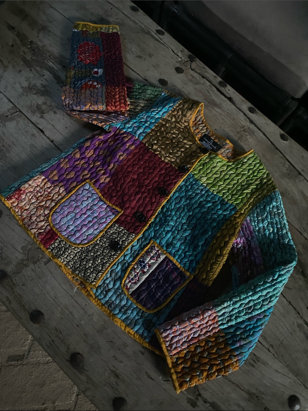 Sacred threads women’s Patchwork Quilted Jacket in Teal, Purple, Green fits L/XL